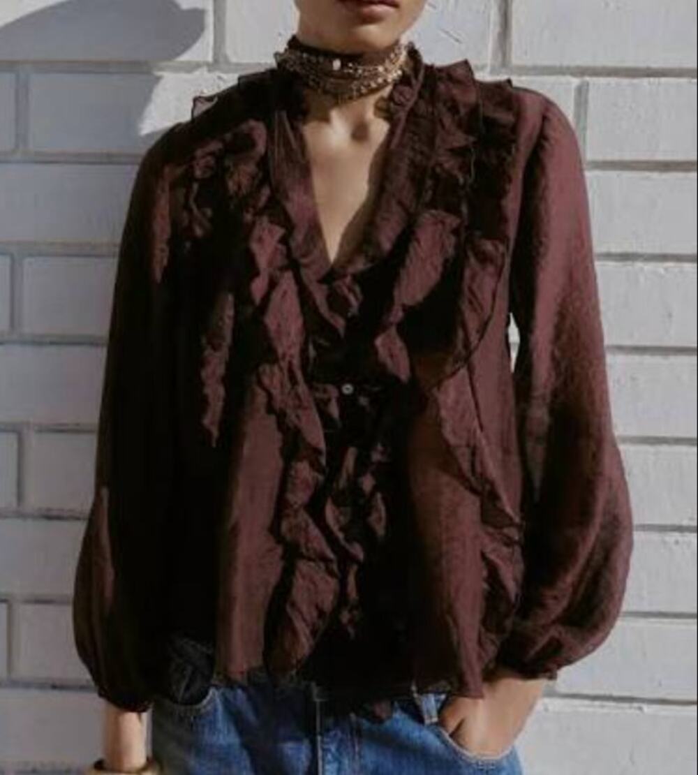ZARA Long Sleeve Sheer Button Up Ruffle Blouse Chocolate Brown Small